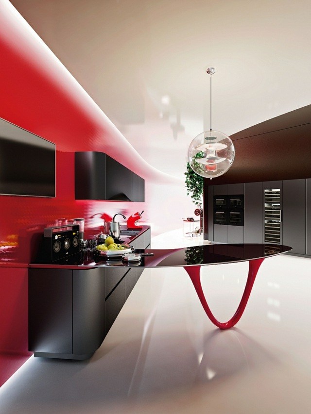 pusiau centrinė virtuvės salos dizaino juoda raudona pakabinama šviesa