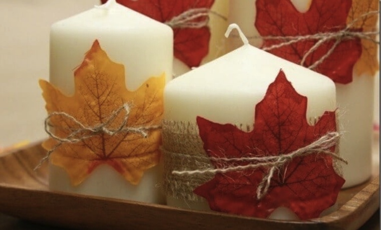 秋のテーブルデコレーションキャンドル-葉付き