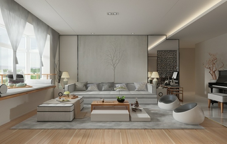 Zen hangulatú otthon nappali világos egyszerű vonalak