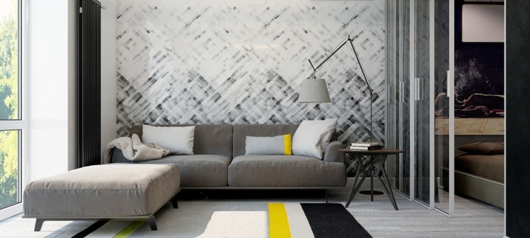 modernaus interjero dizaino pilkos sofos pagalvėlės grindų kilimėlis kavos staliukas medinis