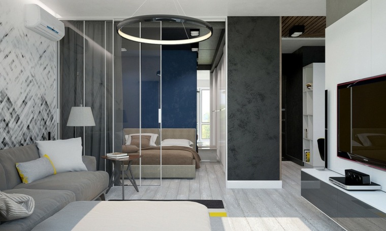 小さなアパートのアイデアを飾るリビングルーム灰色のソファクッションベッド照明