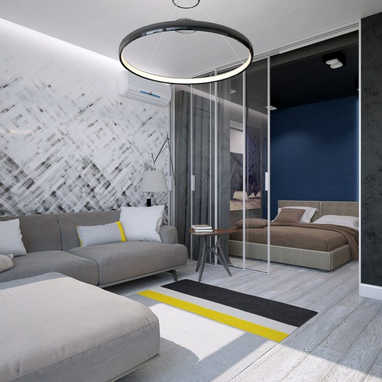 リビングルームのシャンデリアデザイングレーのソファクッションフロアマットベッドルーム青い壁