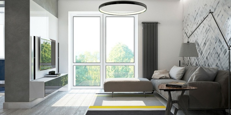 interjero dizaino grindų kilimėlis kampinė sofa pakabukas šviesiai pilka parketo liustra