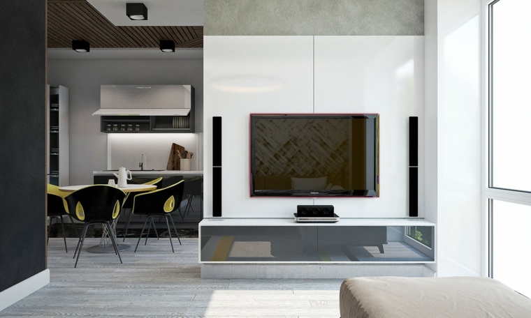 valgomojo dizaino idėja virtuvė televizija pilkos parketo pagalvėlės