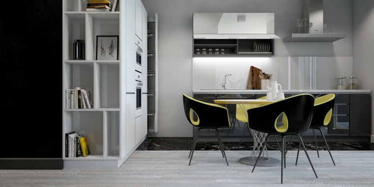modernaus interjero dizaino idėja valgomasis juodas stalas baltos lentynos