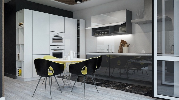 modernaus dizaino valgomojo erdvės interjero idėja pilkos virtuvės spintelės