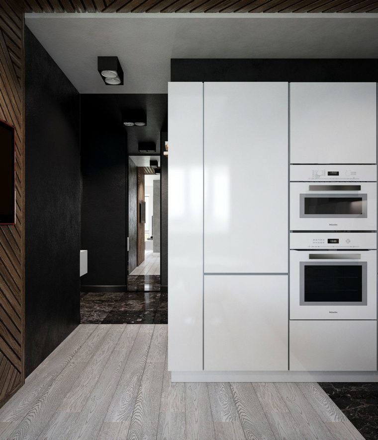 Interjero dizaino virtuvės baltos spintelės medinis parketas