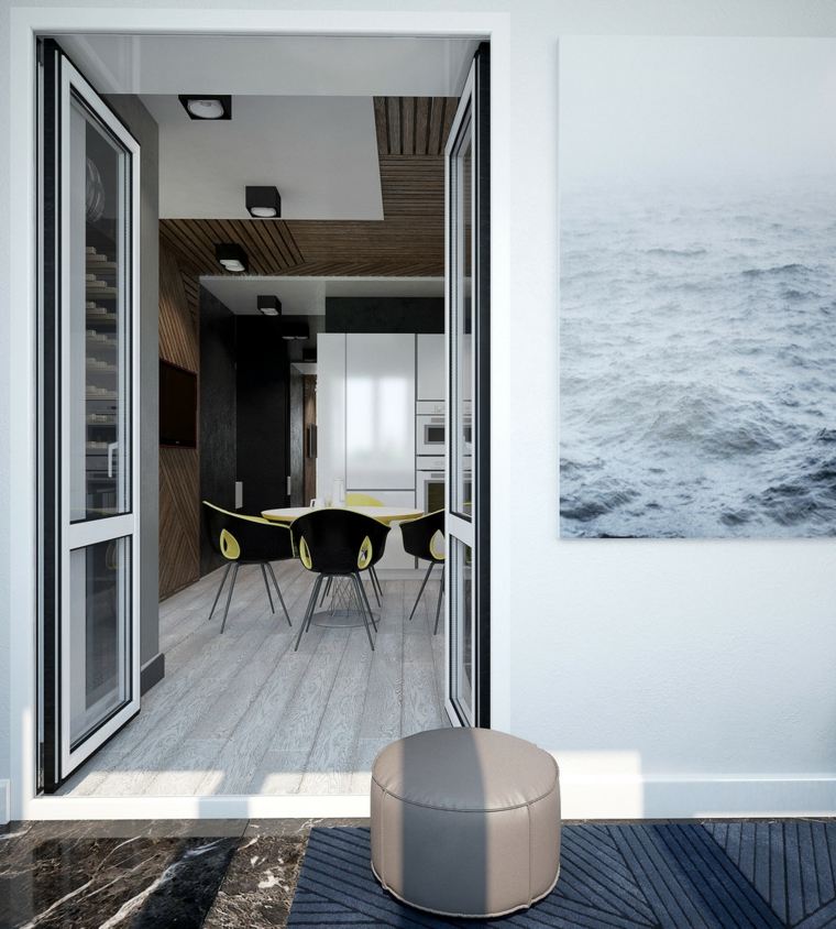 modernus interjero dizainas balkono idėja valgomojo kėdės deko siena