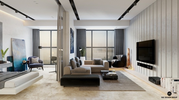 Japoniško skydo idėja modernaus interjero dizaino smėlio spalvos sofa