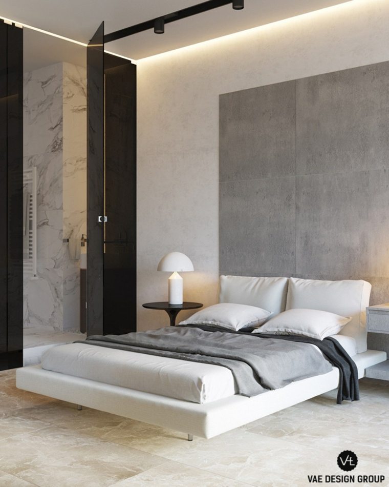 interior design testiera idea illuminazione letto in ardesia grigia