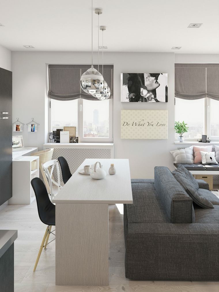 pilkos sofos interjero dizaino idėja sutvarkyti erdvės apšvietimo pakabą