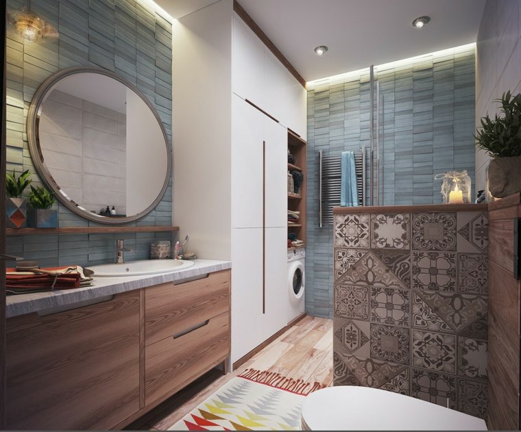vonios kambario dekoravimo idėjos mediniai baldai apvalių veidrodžių dizaino plytelės