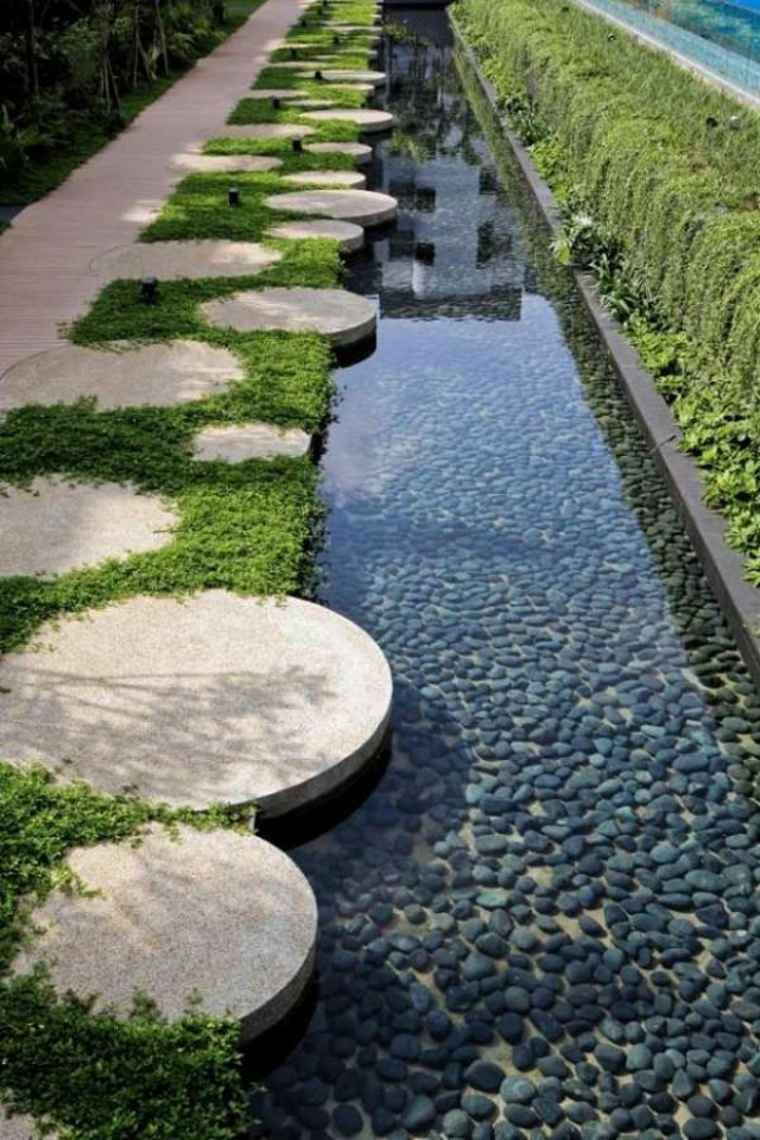 sistemazione di un percorso di un giardino acquatico con laghetti d'acqua