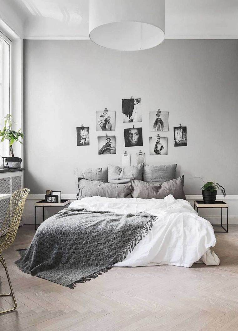 decorazione minimalista della camera da letto grigia