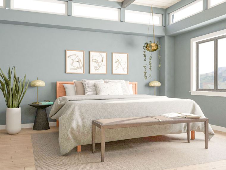 camera da letto di design con pareti blu