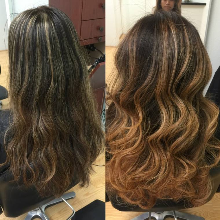 Balayage lungo capelli castani per effetto rame