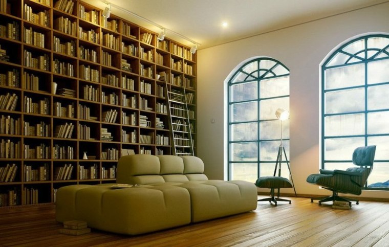 木製の寄木細工の床を配置するための現代的な本棚のデザインの木製ソファのアイデア