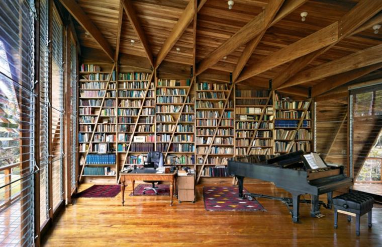 現代的な木製の本棚デザイン収納読書室グランドピアノ
