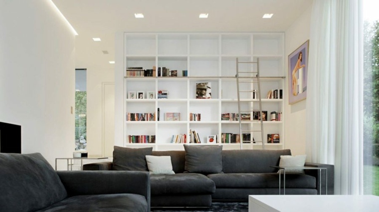 libreria moderna idea soggiorno per arredare cuscini divano grigio