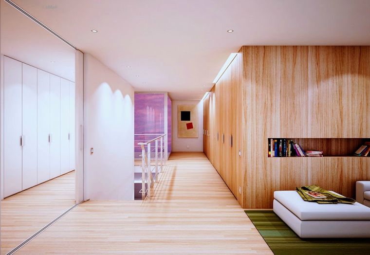 現代的なリビングルームの木製パネルの壁の装飾木製のスラブの床の敷物