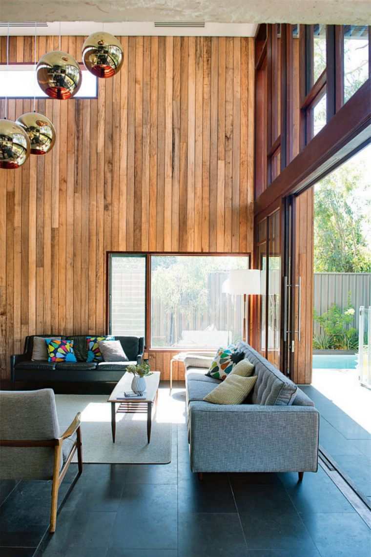 modern fabútorok lerakása természetes fából készült táblák fal nappali nappali