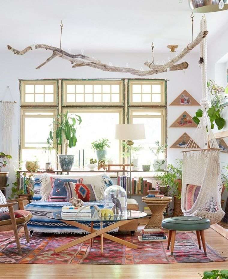 idea di ramo di legno decorazione del soggiorno in stile bohémien chic