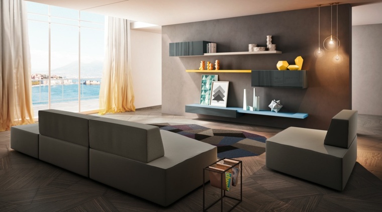 moduláris kanapék nappali design kanapé modern futurisztikus skandináv design padlószőnyeg polcok fa függő lámpák