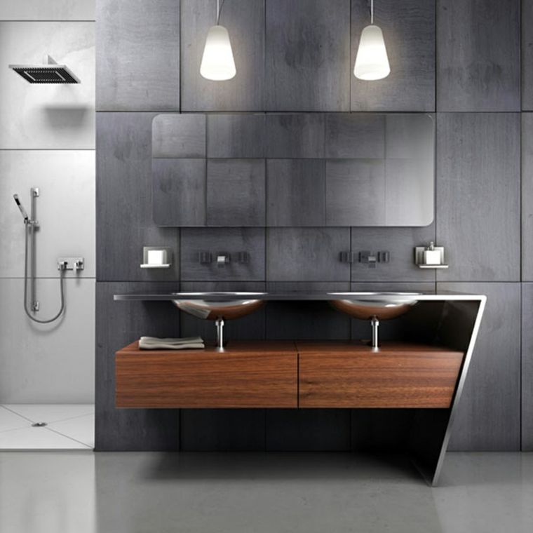 Fotografija kupaonskog drvenog zida ormara koji prekriva sive pločice