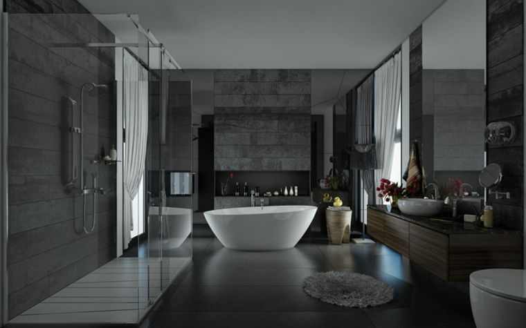 uređenje interijera kupaonskih pločica od sive i drvene boje