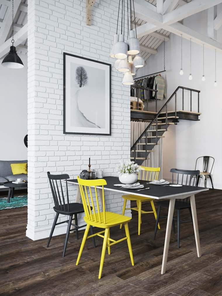geltonos skandinaviškos kėdės baldai valgomojo stalas šiaurietiško dizaino interjeras