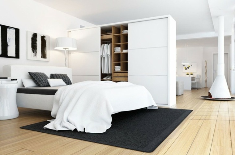 Camera da letto bianca cabina armadio pavimento in moquette nera design moderno