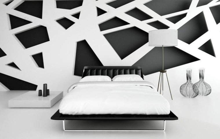 interno nero bianco camera da letto letto design parete alla moda idea tavolino da caffè