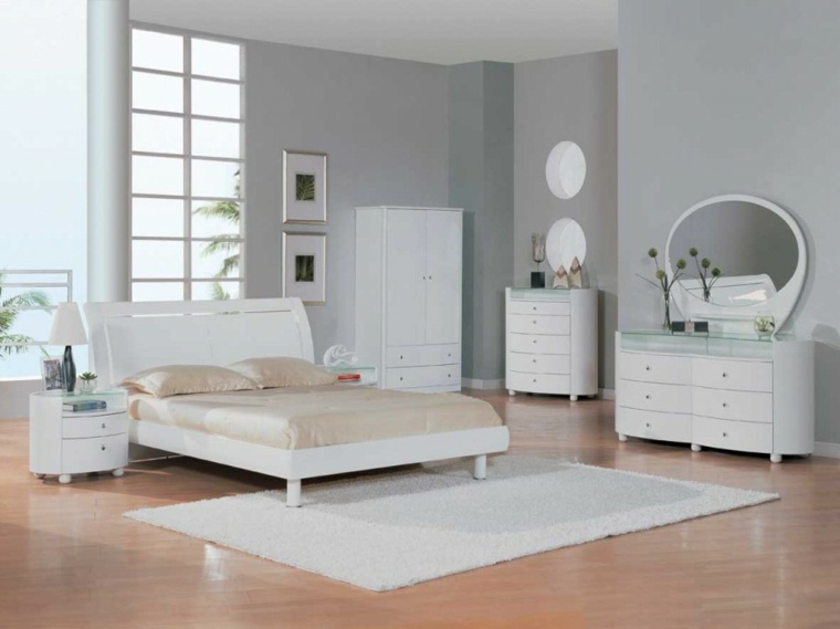 Camera da letto design in legno letto in parquet armadio bianco
