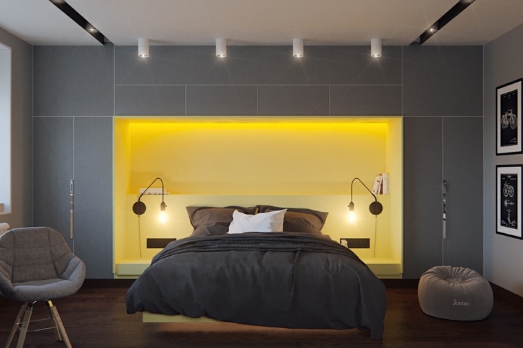 camera da letto molto di design in grigio e giallo