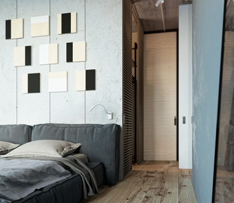 camera da letto grigia in stile industriale con cabina armadio