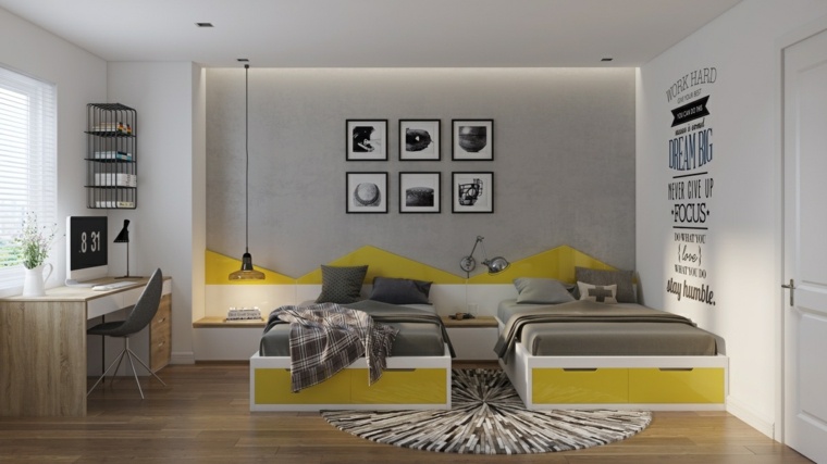 灰色黄色の子供の寝室のデザイン