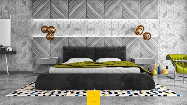 belső ötlet hálószoba modern ágykeret világítótest felfüggesztő szőnyeg