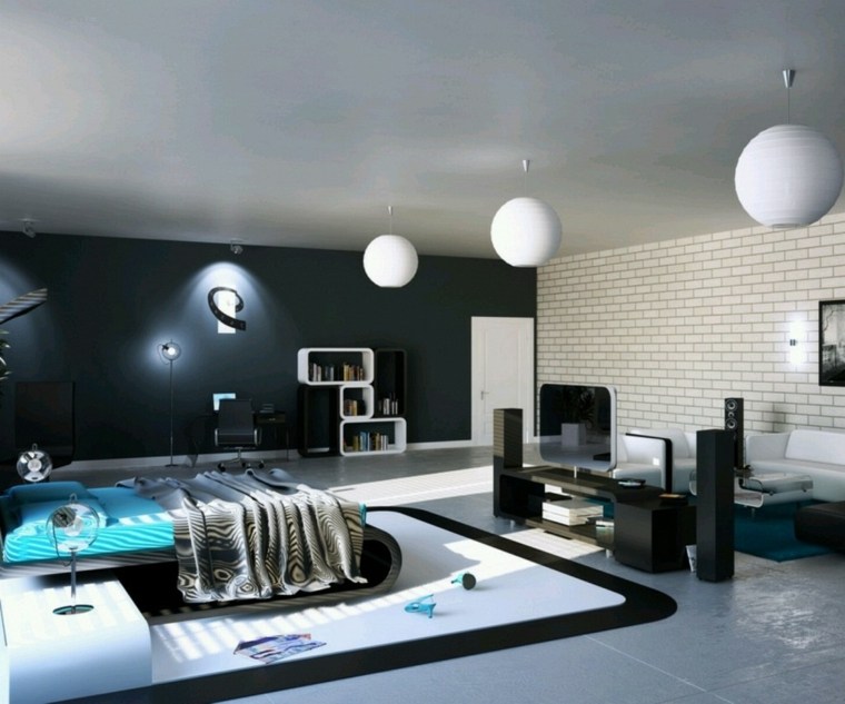 nero bianco camera da letto design illuminazione sospensione idea telaio del letto