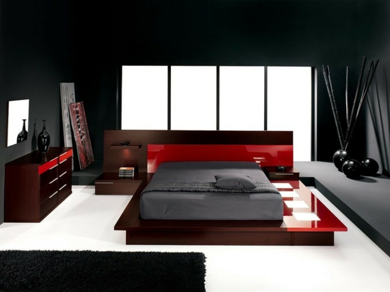 modern belső hálószoba fa keret piros dekoráció ötlet fekete padlószőnyeg