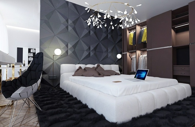 poltrona dal design moderno per interni tappetino nero design letto bianco
