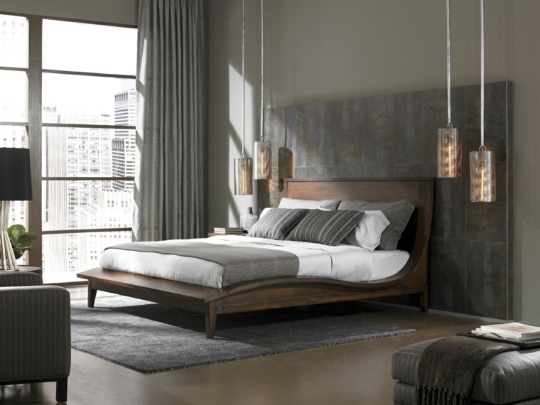 fa keret ágy tervezés modern világítás ötlet padlószőnyeg függönyök