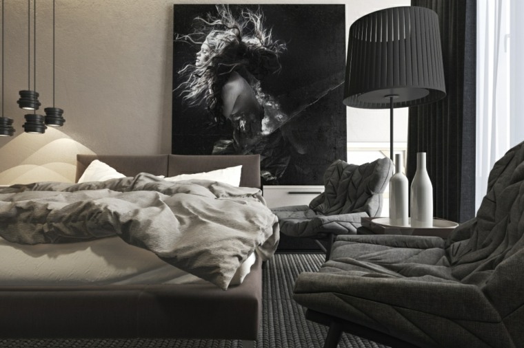 design moderno camera da letto letto grigio lampada grigia design illuminazione cornice parete bianco e nero