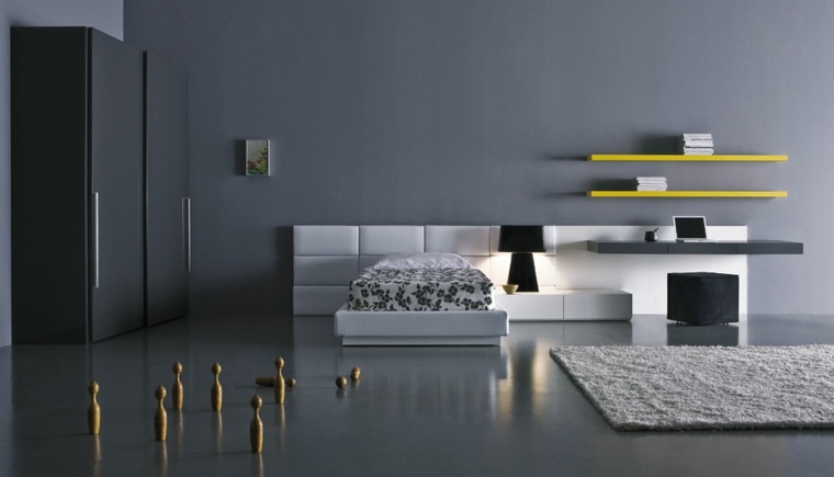 grigio interior design camera da letto moderna decorare spazio mensole legno