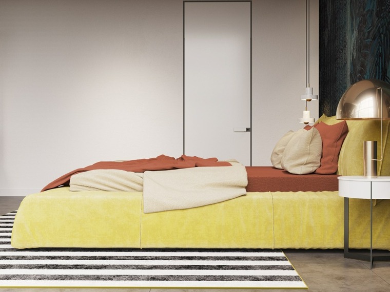 modern belsőépítészeti hálószoba ágy fejtámla párnák szőnyeg padló csíkok