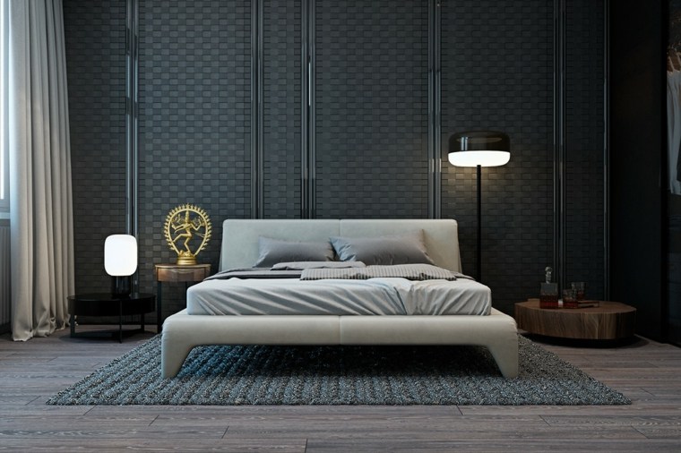 modern hálószoba belső sötétszürke kék ágy hálószoba padlószőnyeg ötlet