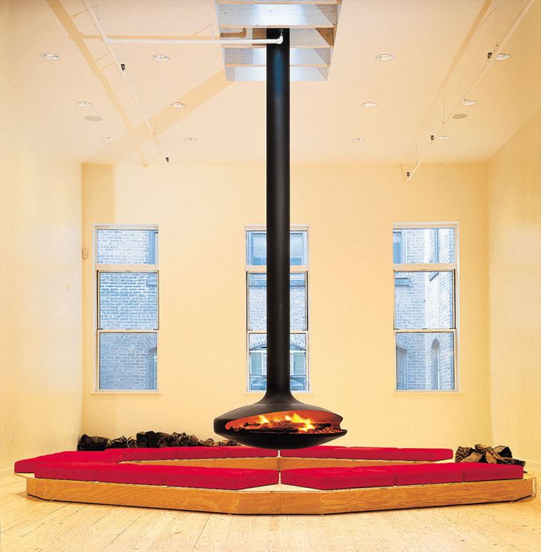 大規模な丸い暖炉-吊り下げられた暖炉-リビングルーム-ソファ-デザイン-ジャイロフォーカス