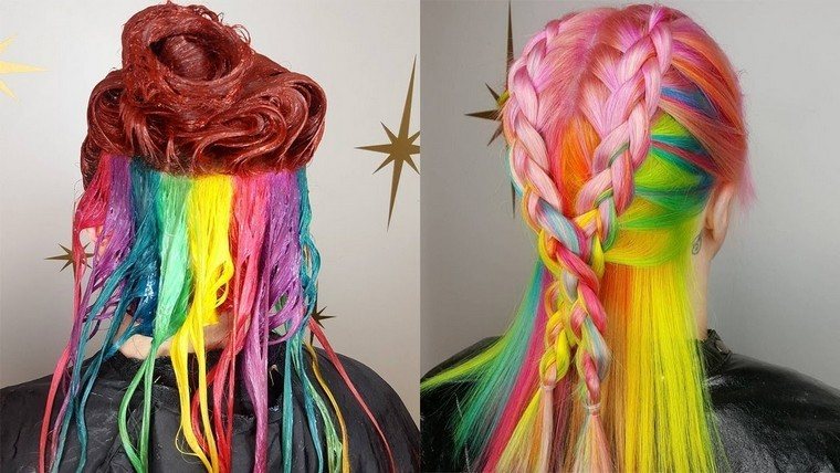 L'idea della donna con i capelli arcobaleno sembra capelli lunghi
