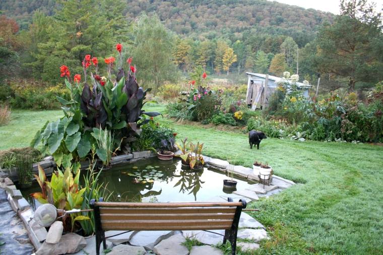 uređenje vrta bazen za vodu drvena vrtna klupa