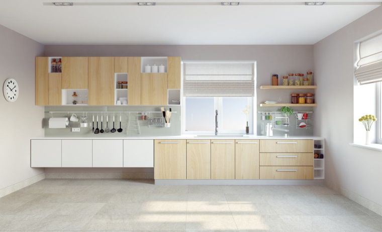 Scandinavo-design-legno-mobili-cucina-colore-chiaro-piano-lineare
