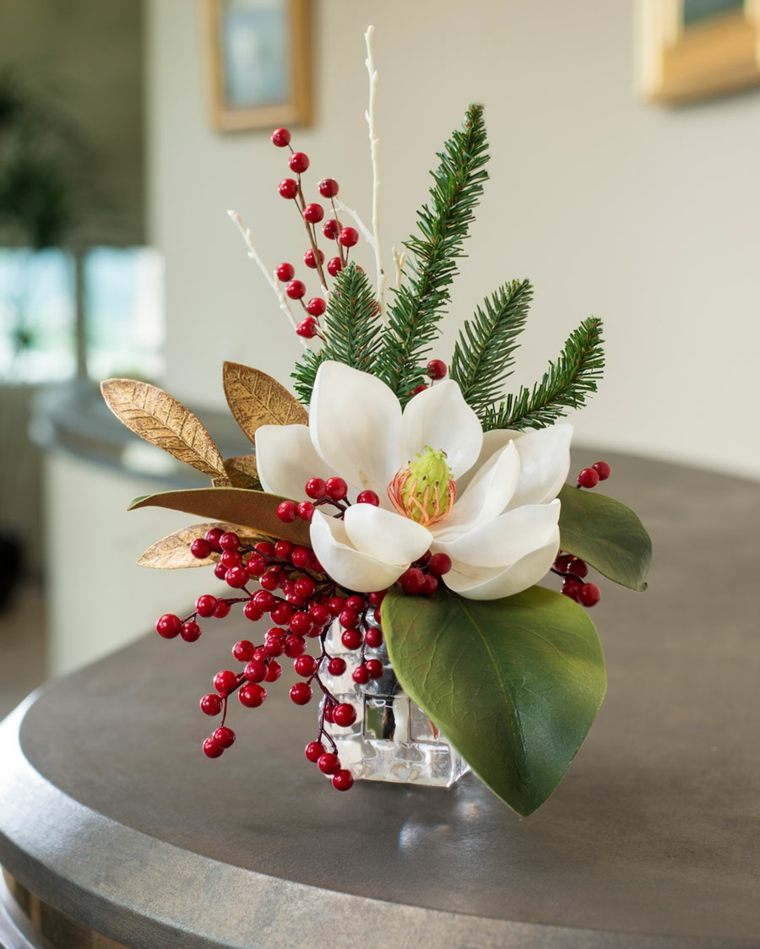 esempi di decorazioni natalizie composizioni floreali vaso di vetro bianco